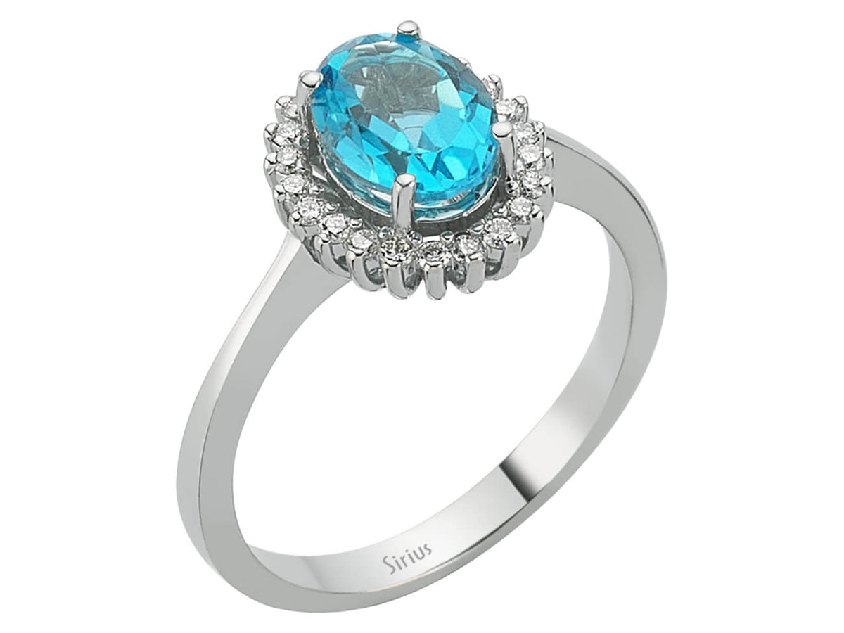 Diamant und Oval Blauer Topas Ring - handgefertigter Diamantschmuck aus Feingold | Sirius Diamant
