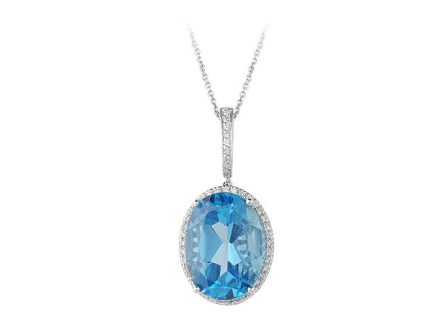 Collier en or blanc 14 carats avec diamants et topaze bleue ovale