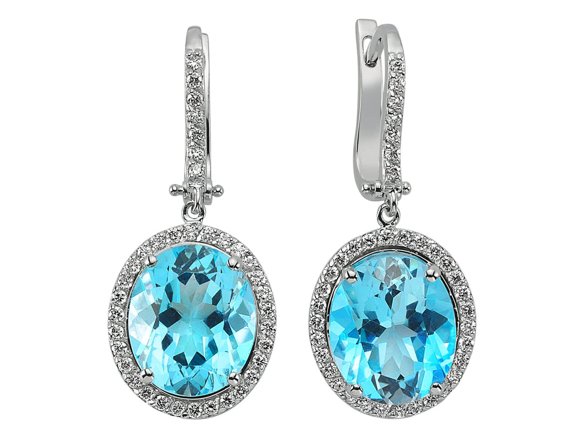 Diamant und Oval Blauer Topas Ohrhänger - handgefertigter Diamantschmuck aus Feingold | Sirius Diamant