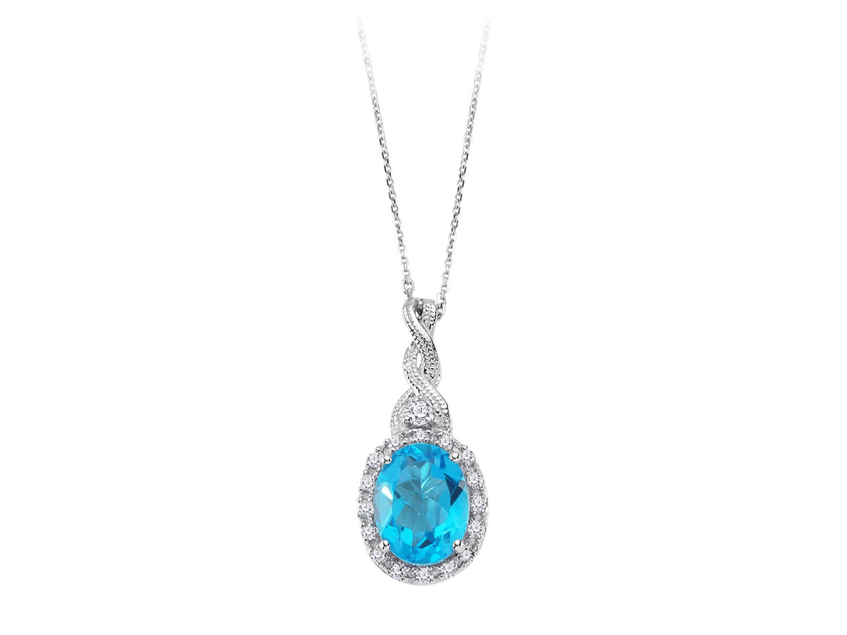 Diamant und Oval Blauer Topas Efeu Collier in 585er 14 K Weißgold - handgefertigter Diamantschmuck aus Feingold | Sirius Diamant
