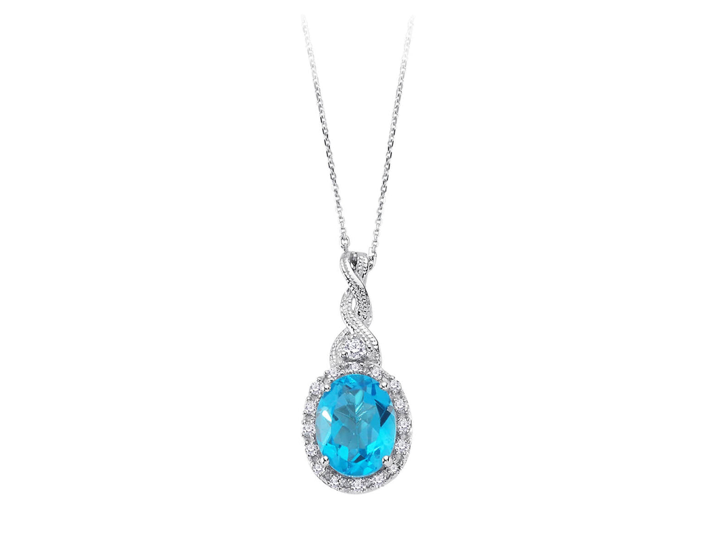 Diamant und Oval Blauer Topas Efeu Collier in 585er 14 K Weißgold