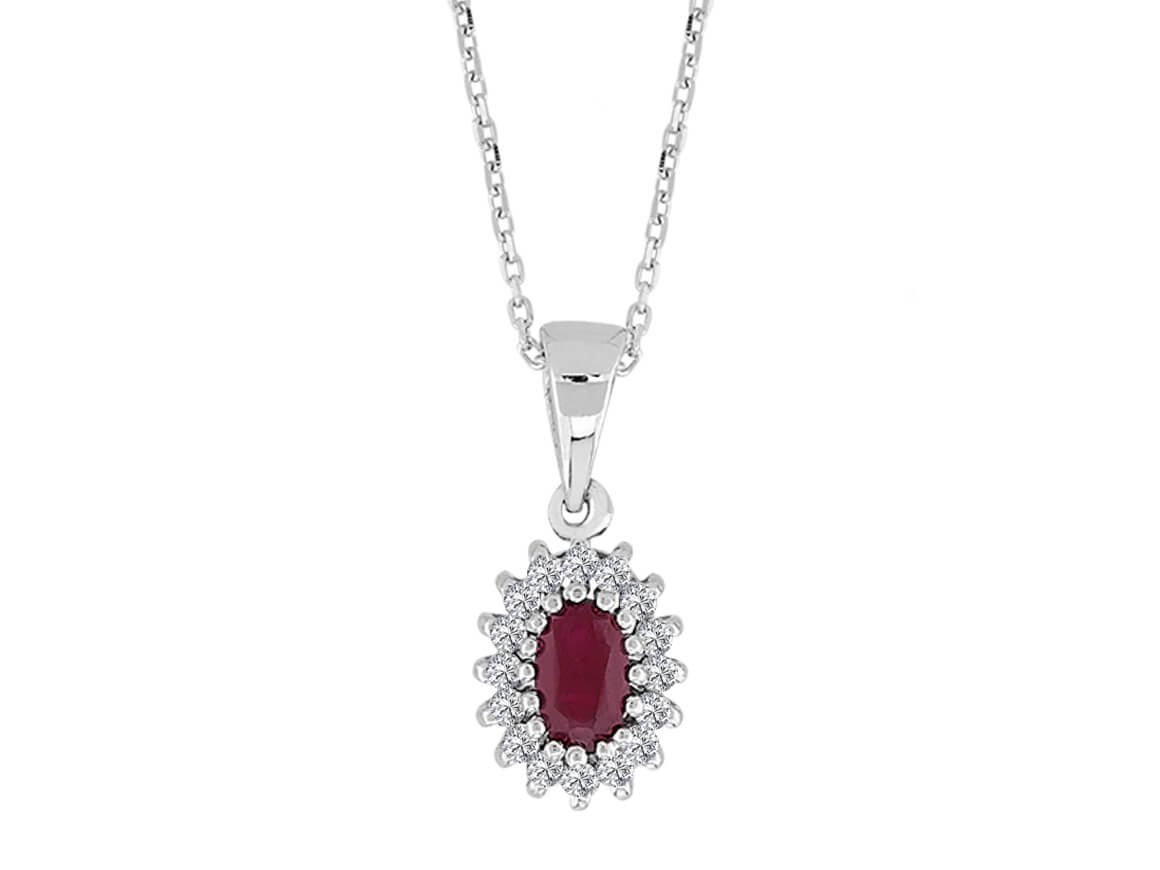 Diamond and oval ruby necklace in 333 8 carat white gold