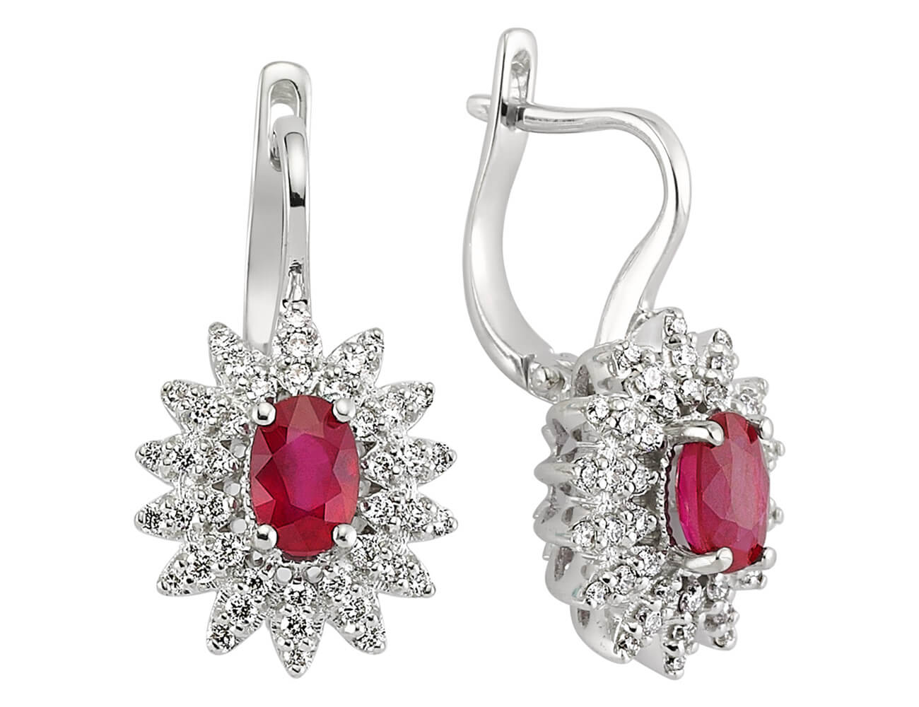 Diamond and oval ruby earrings in 14 carat white gold