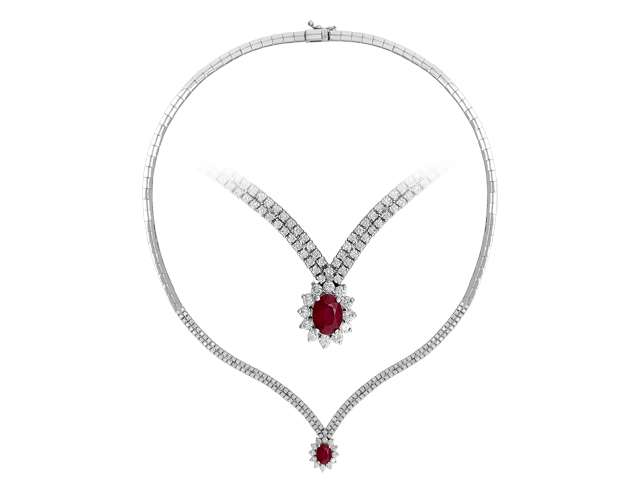 3,00 ct. Diamant und Oval Rubin Halskette in 14 Karat Weißgold - handgefertigter Diamantschmuck aus Feingold | Sirius Diamant