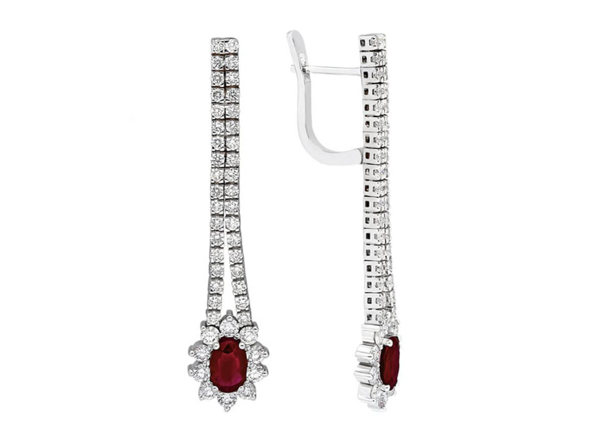 Boucles d'oreilles diamant et rubis ovales en or blanc 14 carats