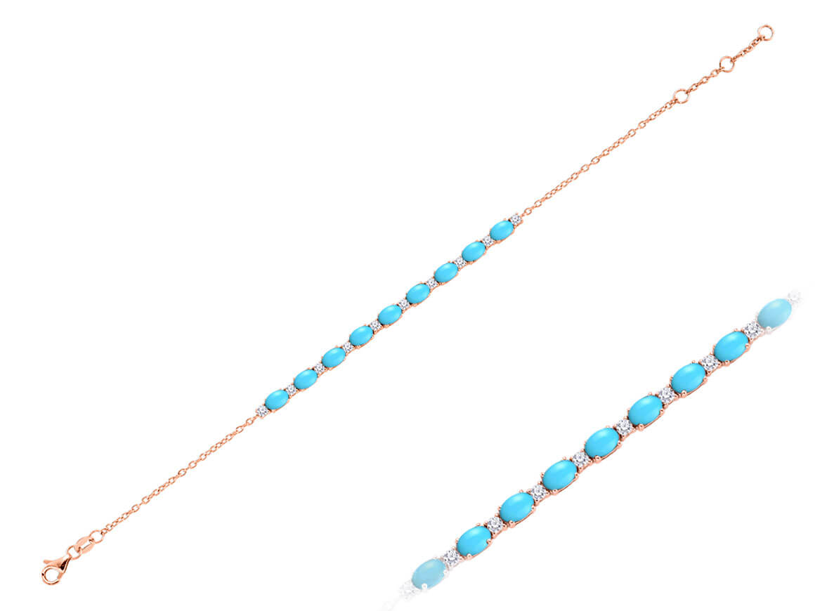 Diamond and oval turquoise bracelet in 14 K rose gold
