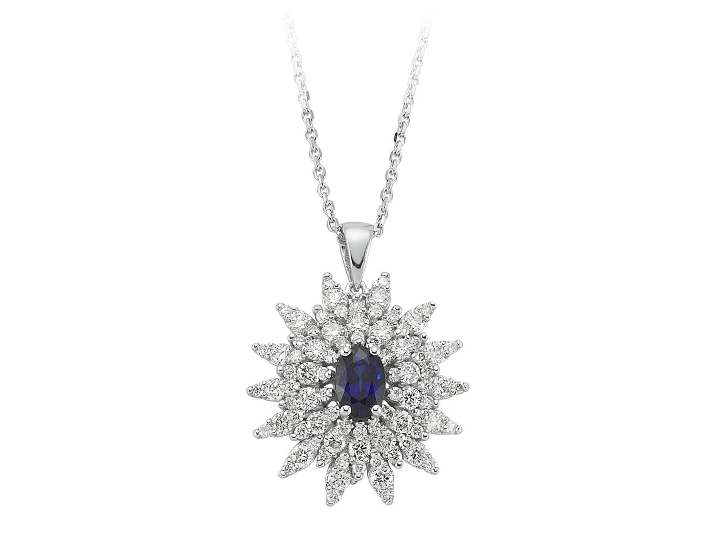 Diamond and oval sapphire necklace in 14 K white gold