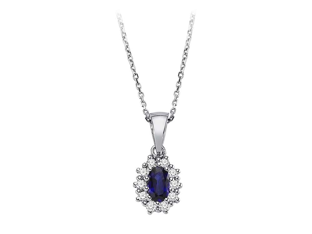 Diamond and oval sapphire necklace in 8 K white gold