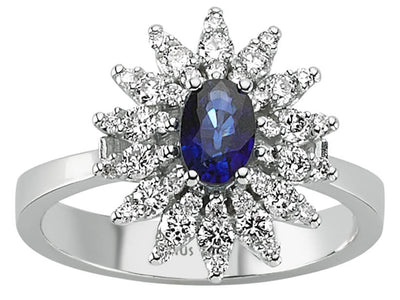Diamond and oval sapphire ring in 14 K white gold