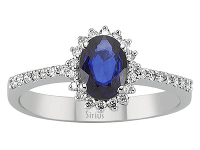Diamond and oval sapphire ring in 14 carat white gold