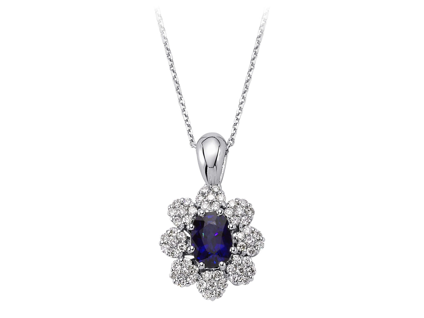Diamond and Oval Sapphire Flower Necklace