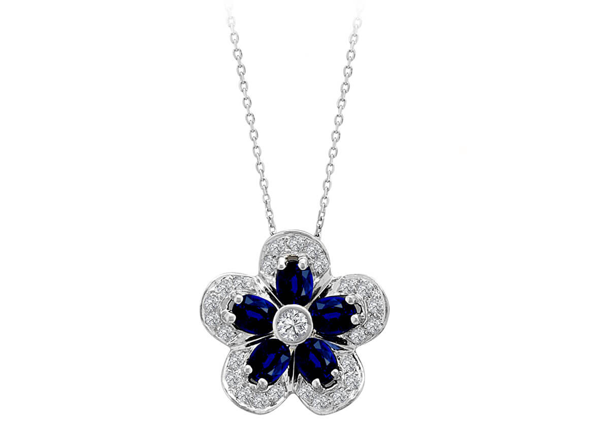 Oval sapphire violet flower necklace with diamonds in 14 carat white gold