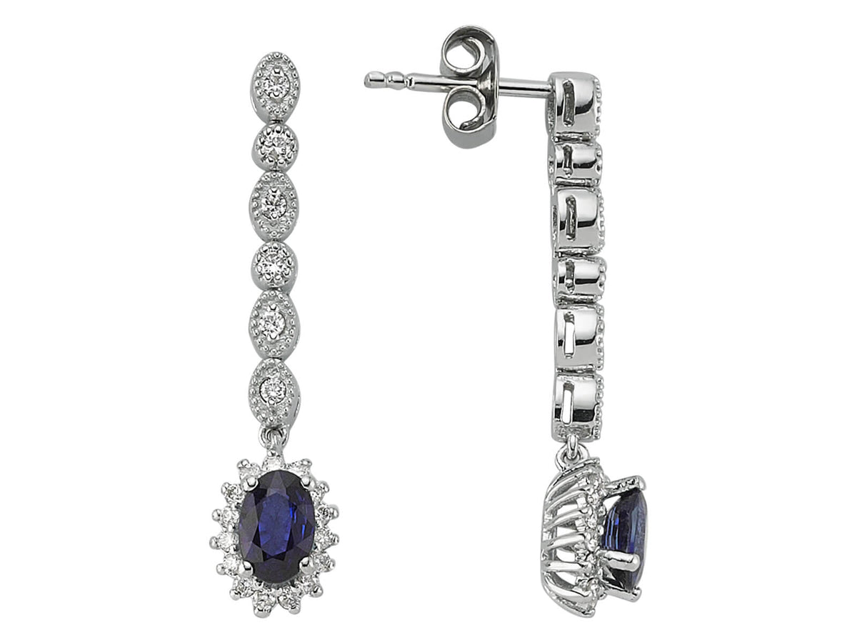 Diamant und Oval Saphir Ohrhänger in 14 Karat Weissgold - handgefertigter Diamantschmuck aus Feingold | Sirius Diamant