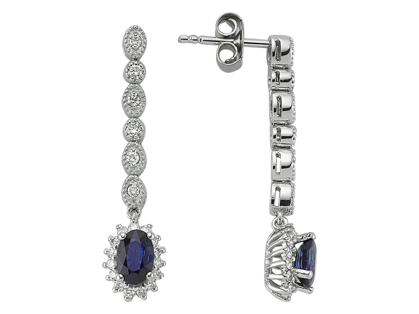 Diamond and oval sapphire earrings in 14 carat white gold