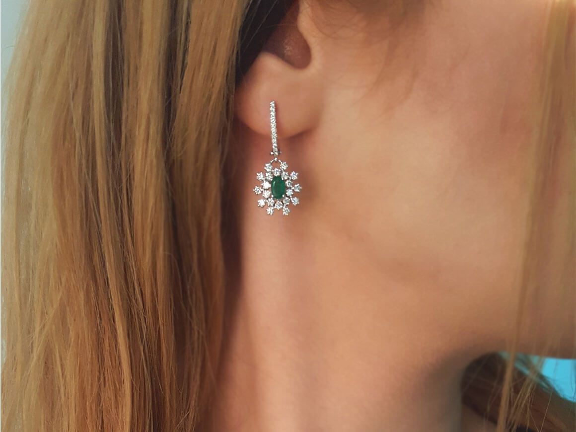 Diamond and Oval Emerald Moiree Dangle Earrings