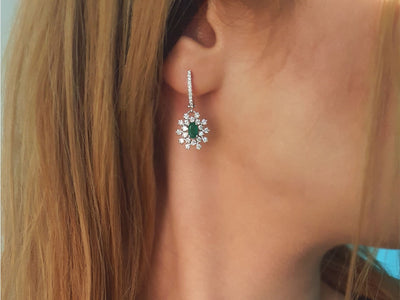 Diamond and Oval Emerald Moiree Dangle Earrings