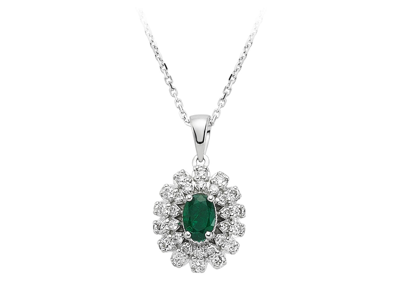 Diamond and oval emerald necklace in 14 K white gold