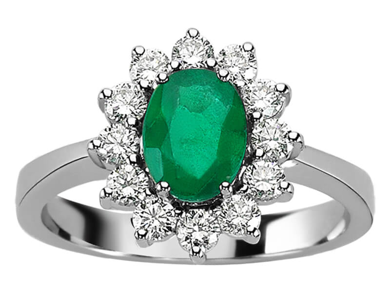 Diamond and oval emerald ring in 14K white gold