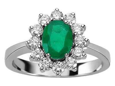 Diamond and oval emerald ring in 14K white gold