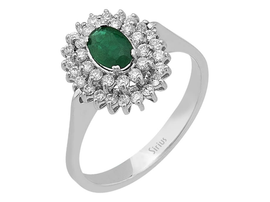 Two-row diamond and oval emerald ring in 14 K white gold