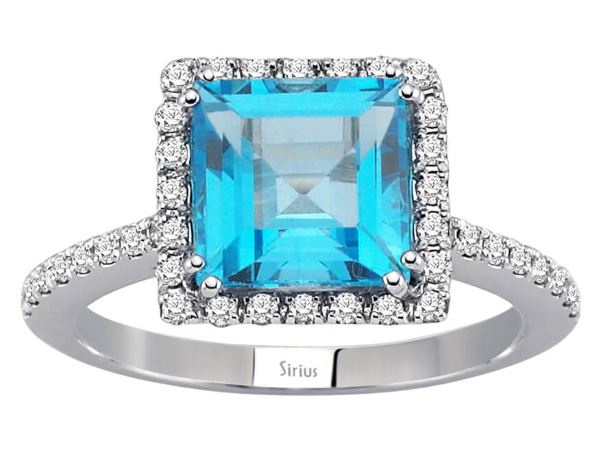 Diamant und Princess-Schliff Blauer Topas Ring - handgefertigter Diamantschmuck aus Feingold | Sirius Diamant