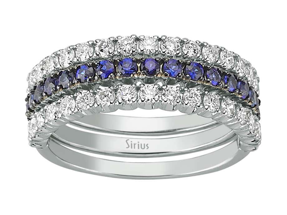 Diamond and sapphire 3 ring alliance in 14 carat white gold