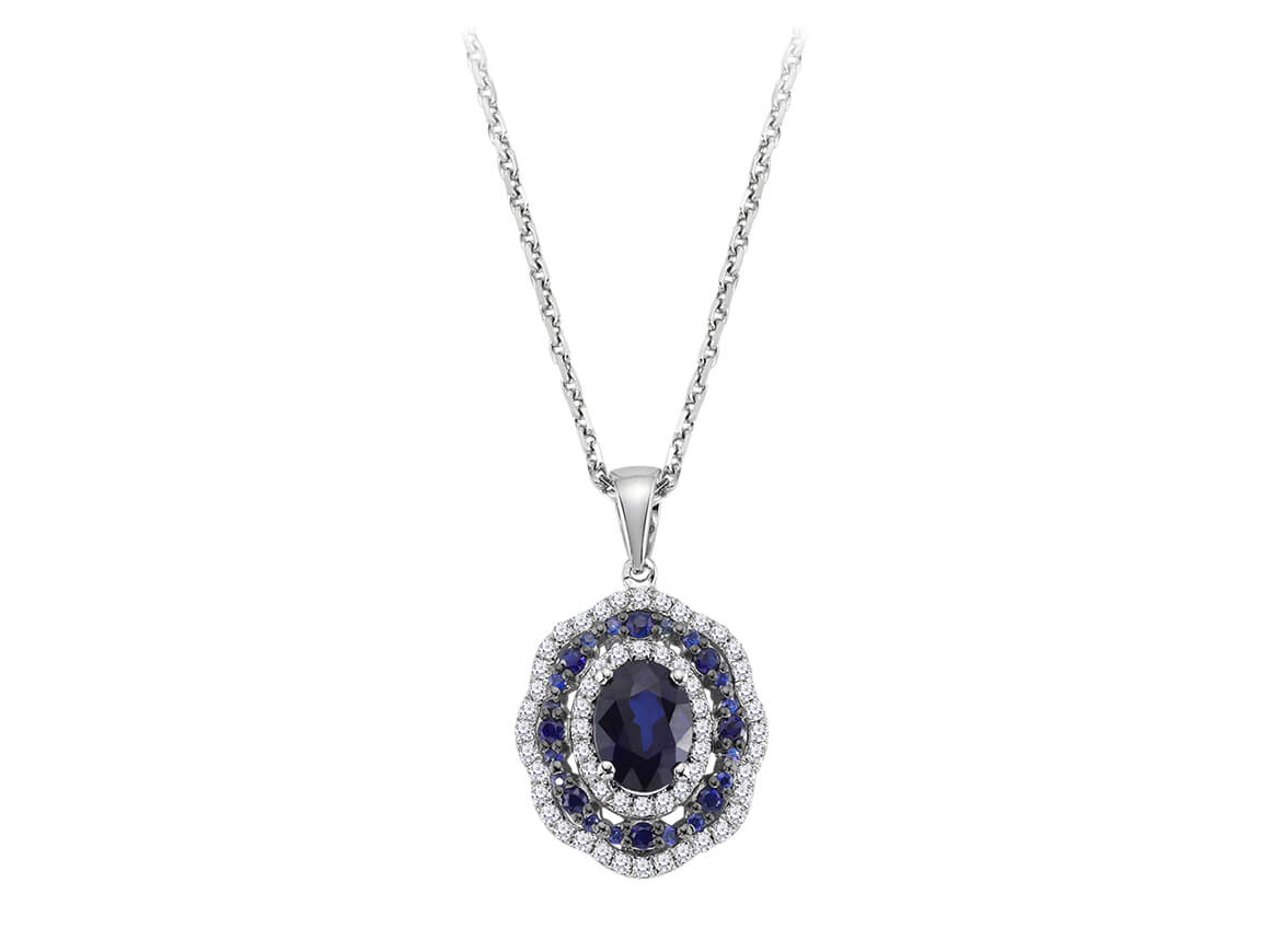 Collier jumelles en or blanc 14 carats avec diamants et saphirs