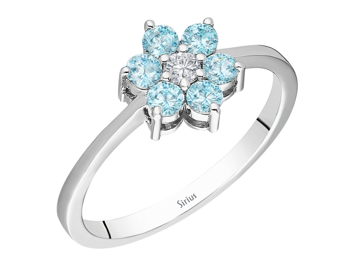 Diamant und Blauer Topas Gänseblümchen Ring - handgefertigter Diamantschmuck aus Feingold | Sirius Diamant