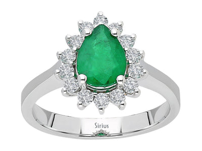 Diamond and drop emerald ring in 14 K white gold