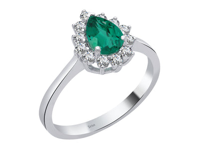 Diamond and drop emerald ring in 14 K white gold