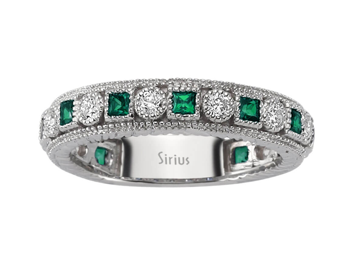 Diamant und Smaragd rundum Allianz - handgefertigter Diamantschmuck aus Feingold | Sirius Diamant