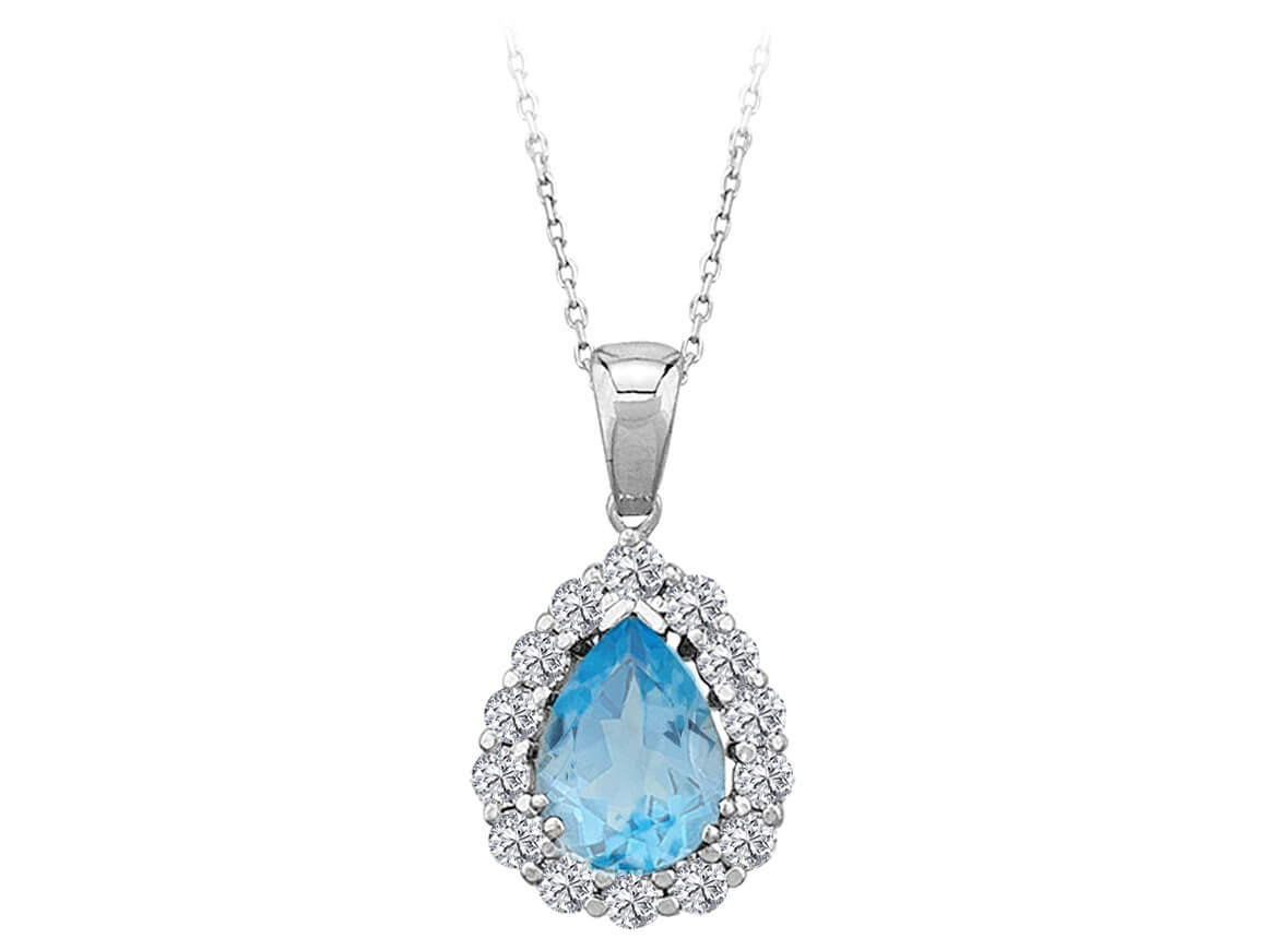 Diamond and drop blue topaz necklace in 14 K white gold