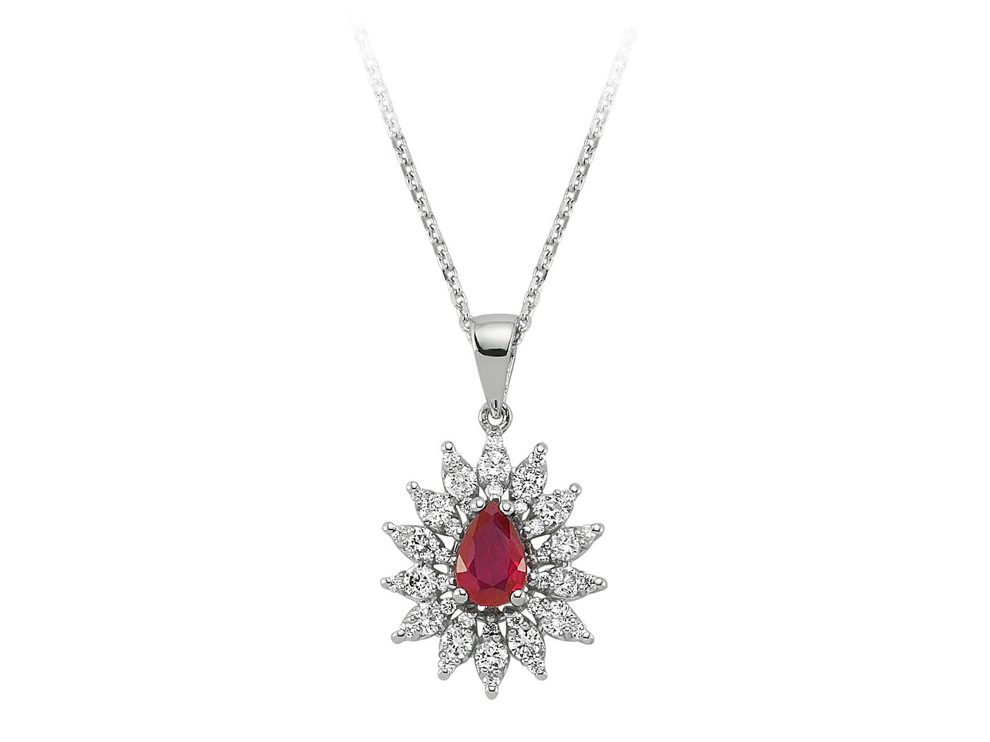 Diamond and drop ruby necklace in 14 carat white gold