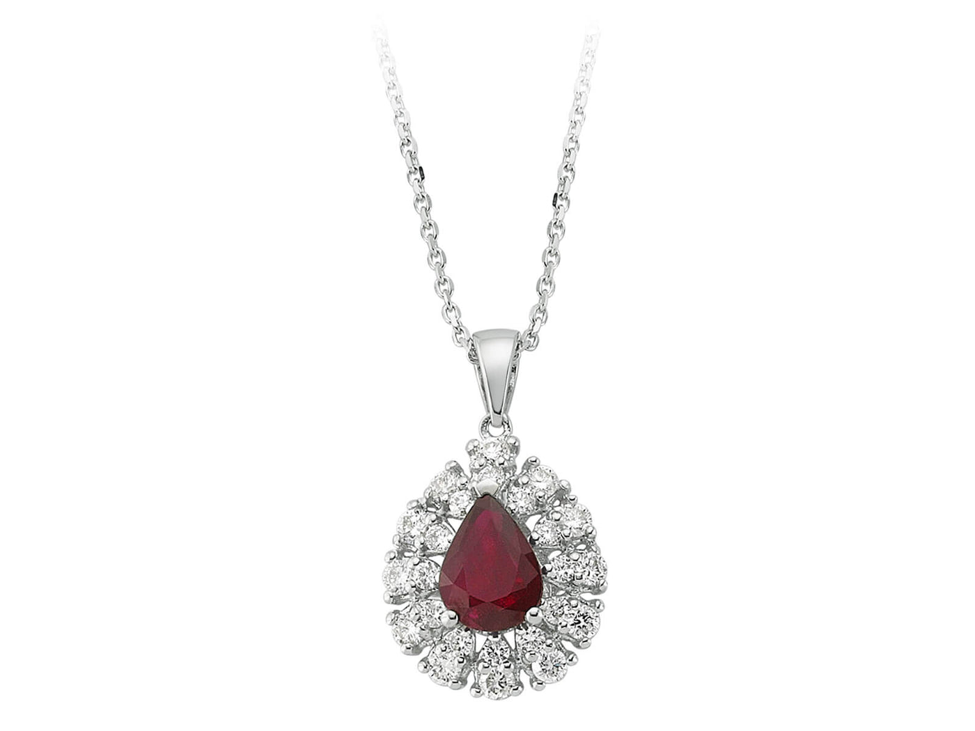 Diamond and drop ruby necklace in 14 K white gold