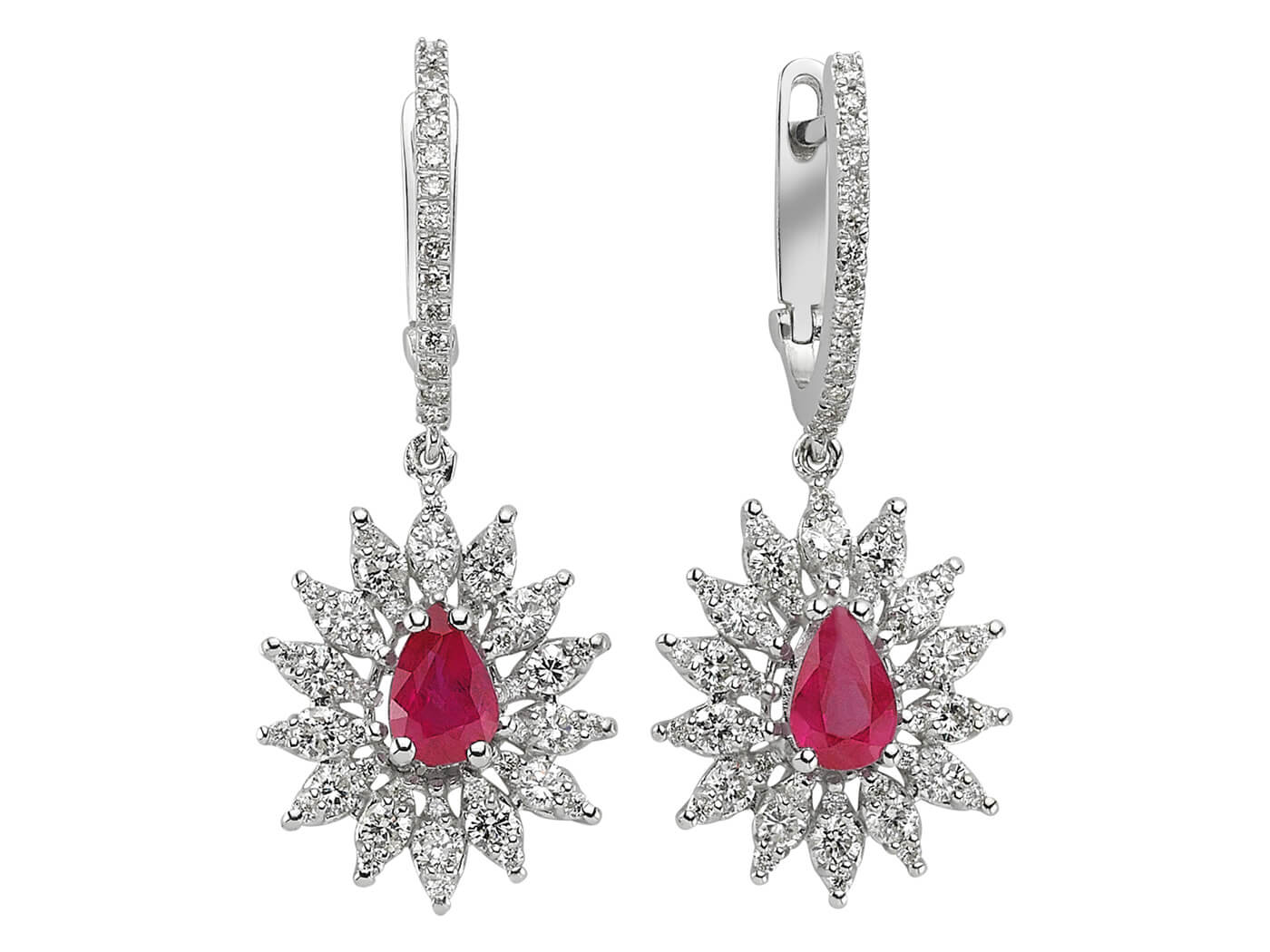 Diamond and drop ruby earrings in 14K white gold
