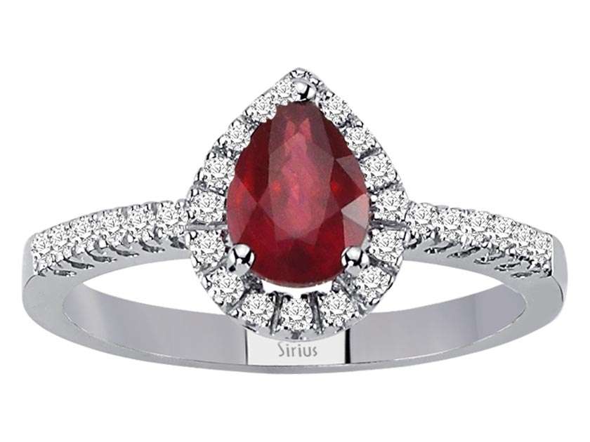 Diamond and drop ruby ring in 14 K white gold