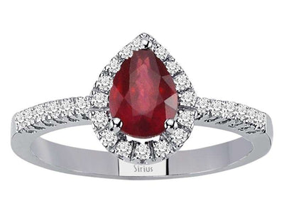 Diamond and drop ruby ring in 14 K white gold