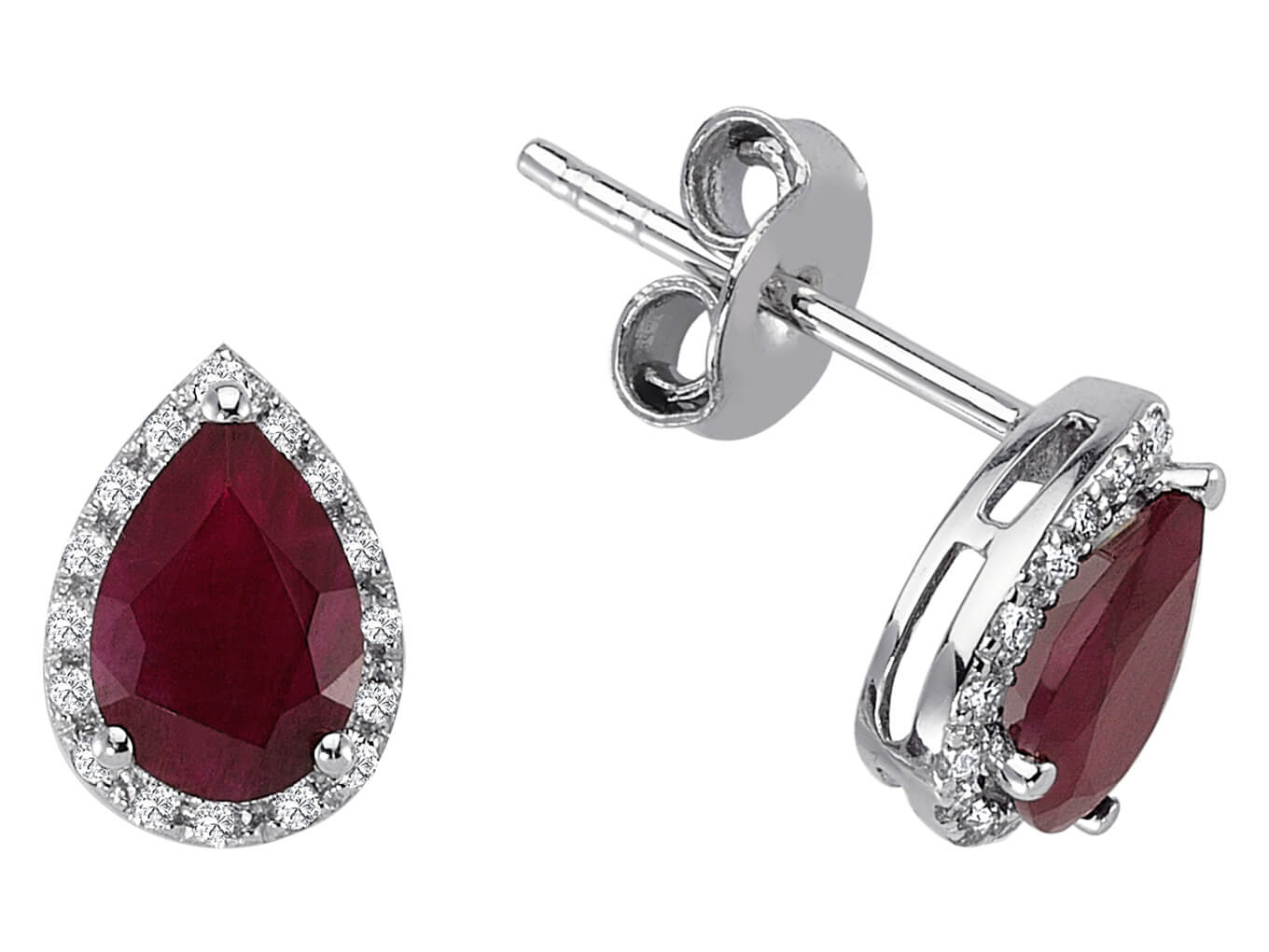 Diamond and teardrop ruby stud earrings in 14 K white gold