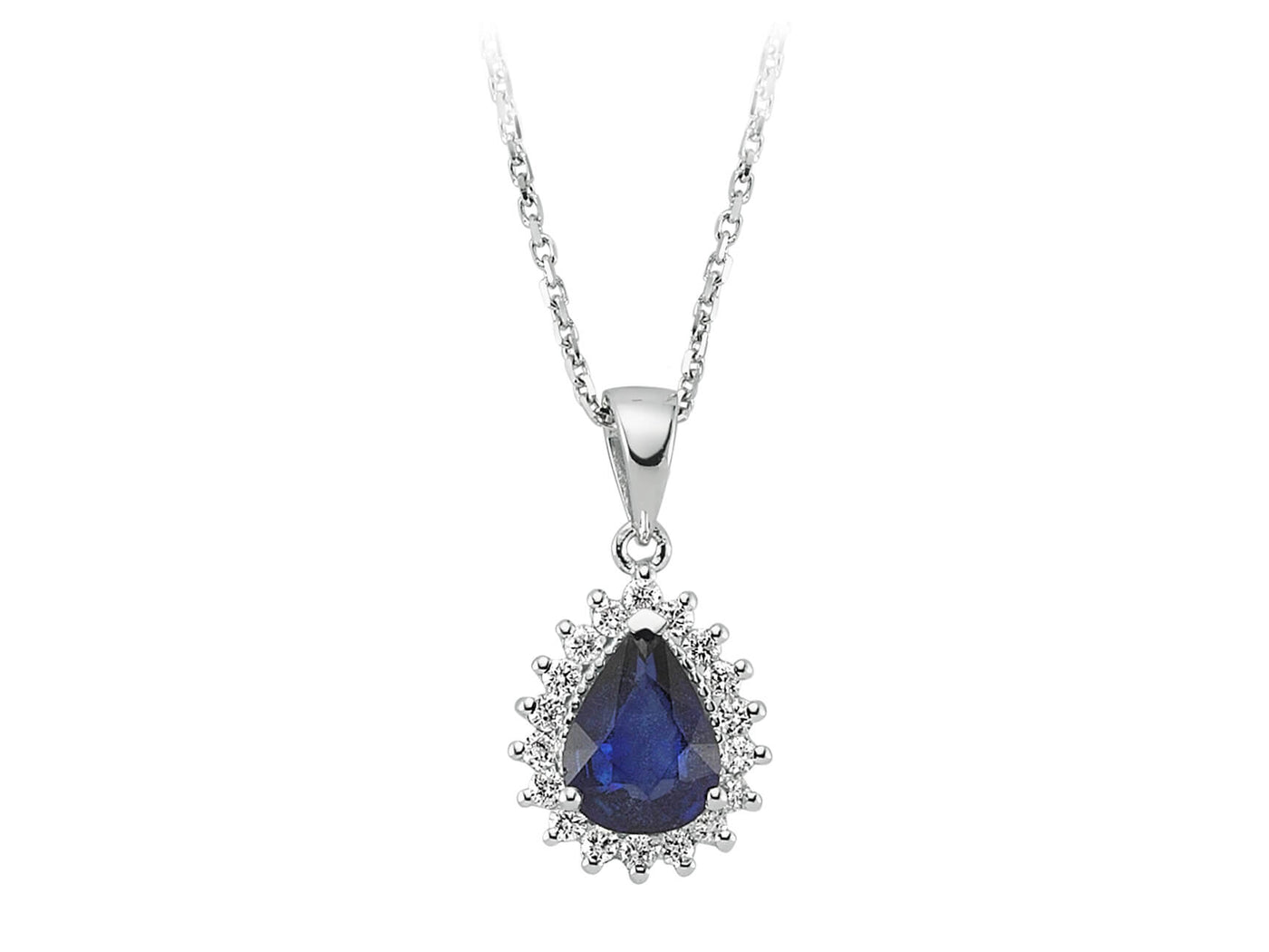 Diamond and drop cut sapphire necklace in 14 carat white gold