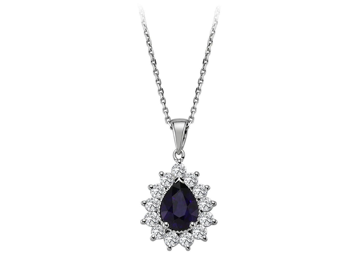 Diamond and drop sapphire necklace in 14 K white gold