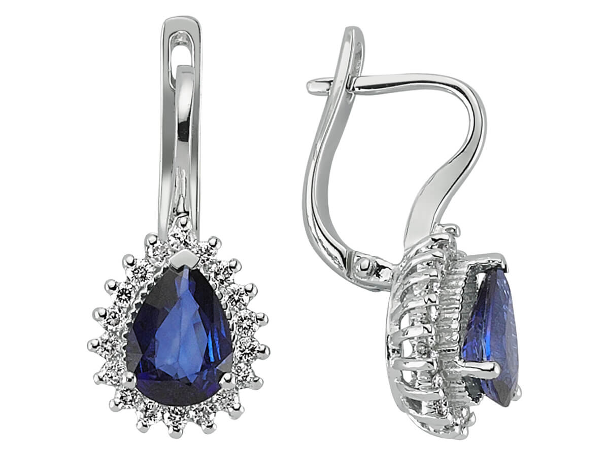 Diamond and drop sapphire earrings in 14 K white gold