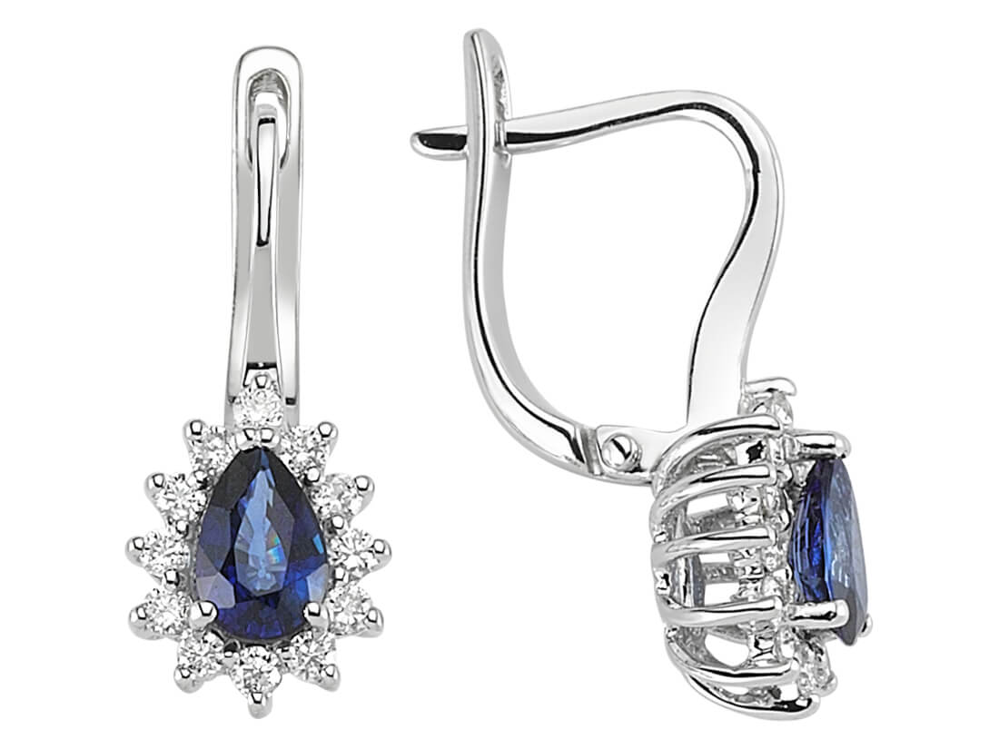Diamond and pear cut sapphire earrings in 14 carat white gold