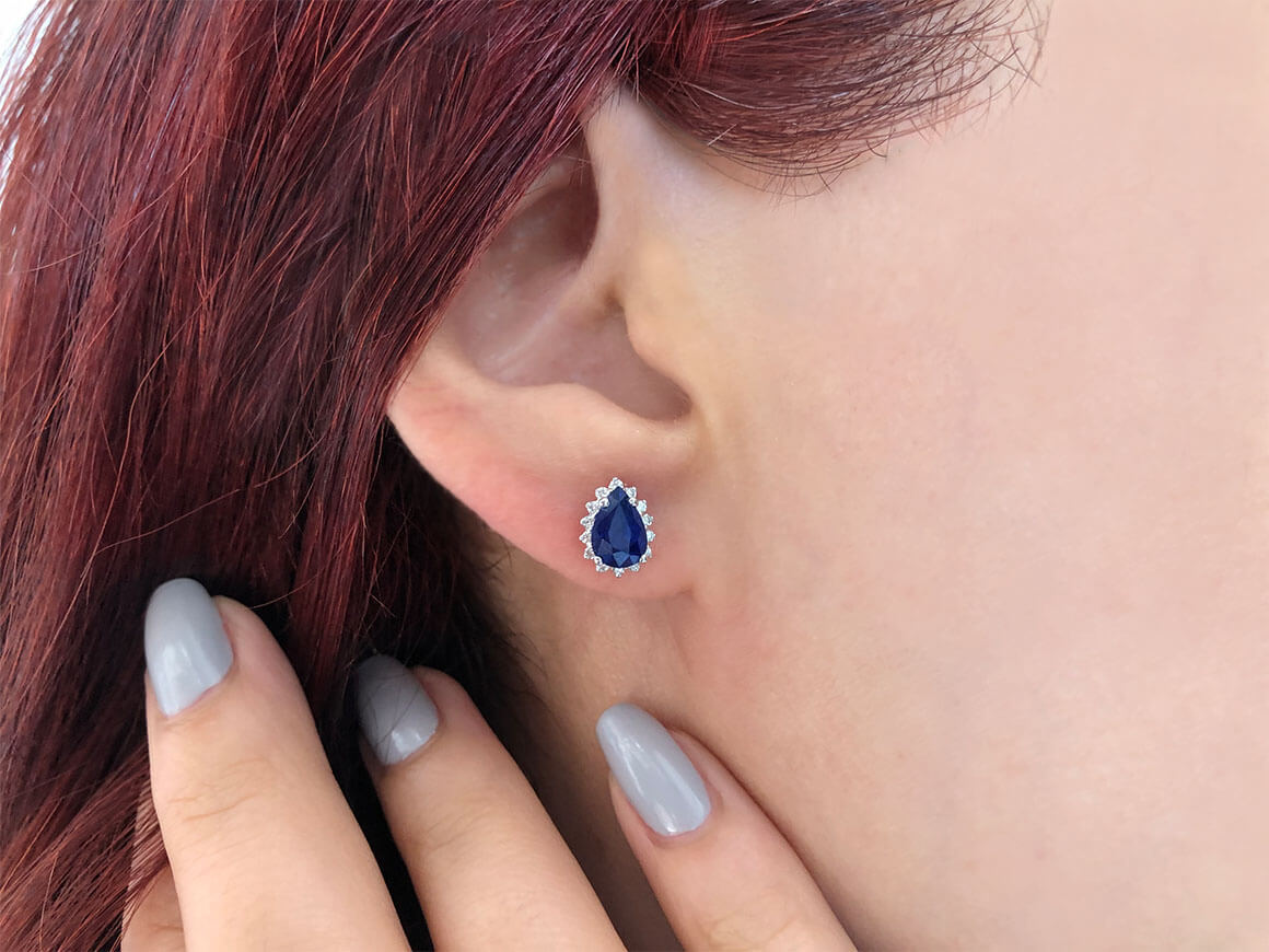 Diamant und Tropfen Saphir Ohrringe - handgefertigter Diamantschmuck aus Feingold | Sirius Diamant