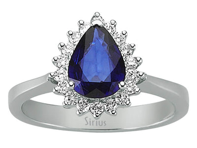 Diamond and drop sapphire ring in 14 carat white gold