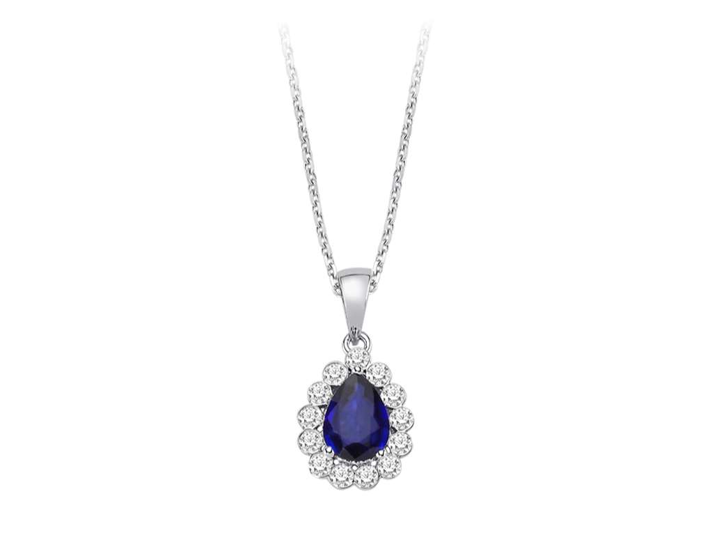 Diamond and drop sapphire necklace in 8 K white gold