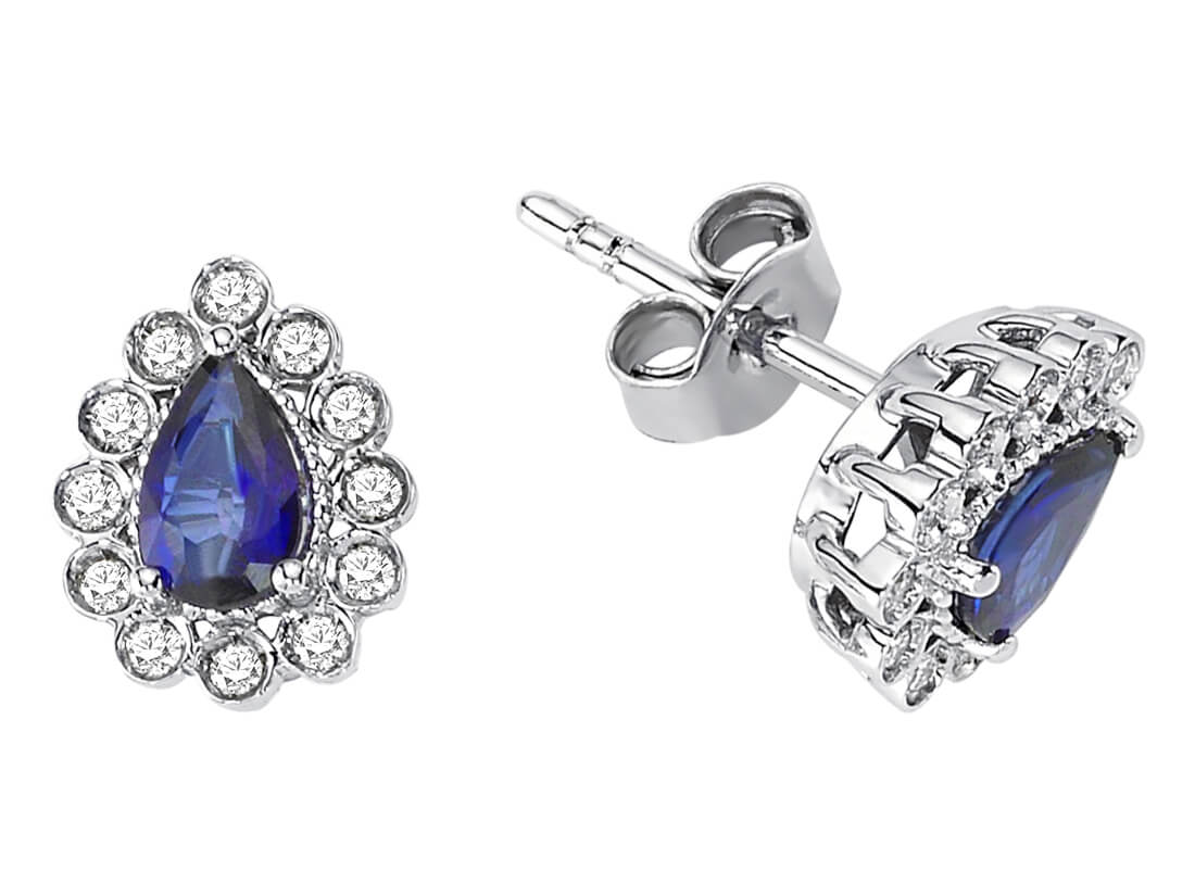 Diamond and drop sapphire earrings in 14 carat white gold