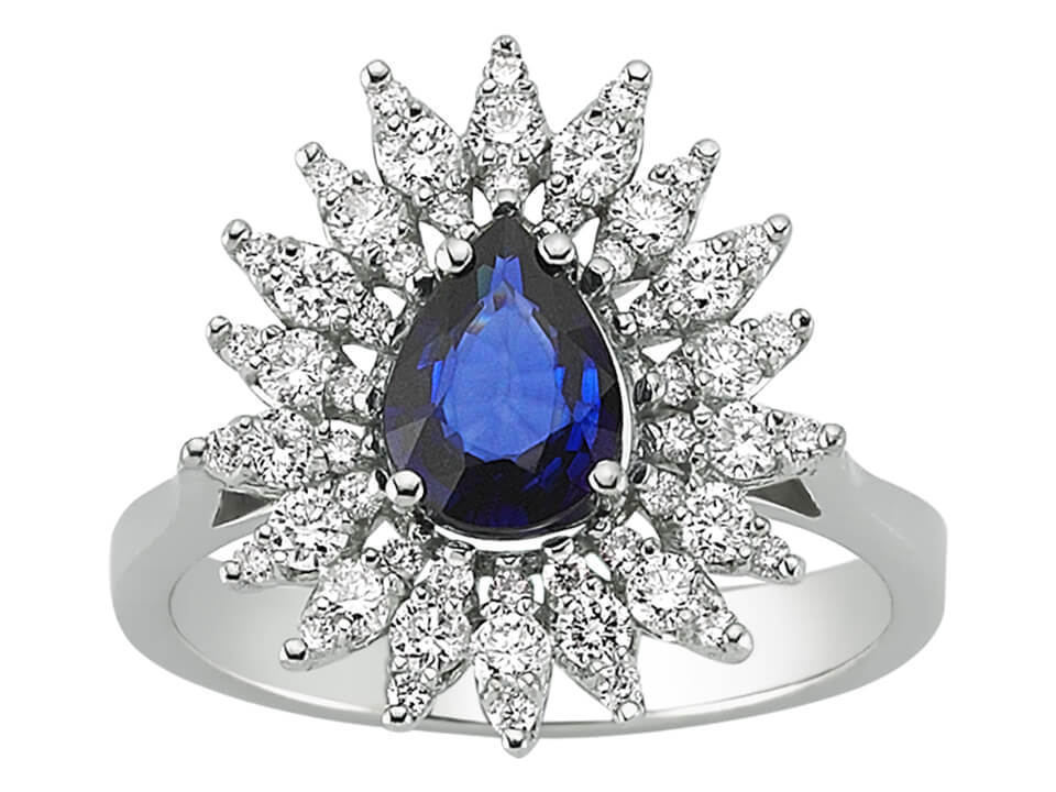 Diamond and drop sapphire ring in 14 carat white gold