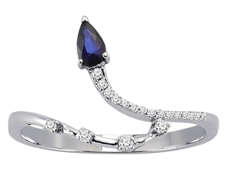 Diamond and drop sapphire swan neck ring in 8 K white gold
