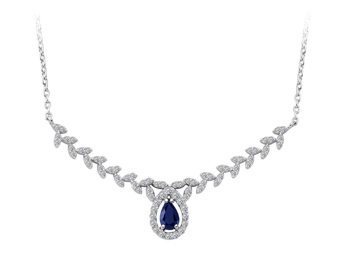 Diamant und Drop Saphir Olivenzweig Collier - handgefertigter Diamantschmuck aus Feingold | Sirius Diamant
