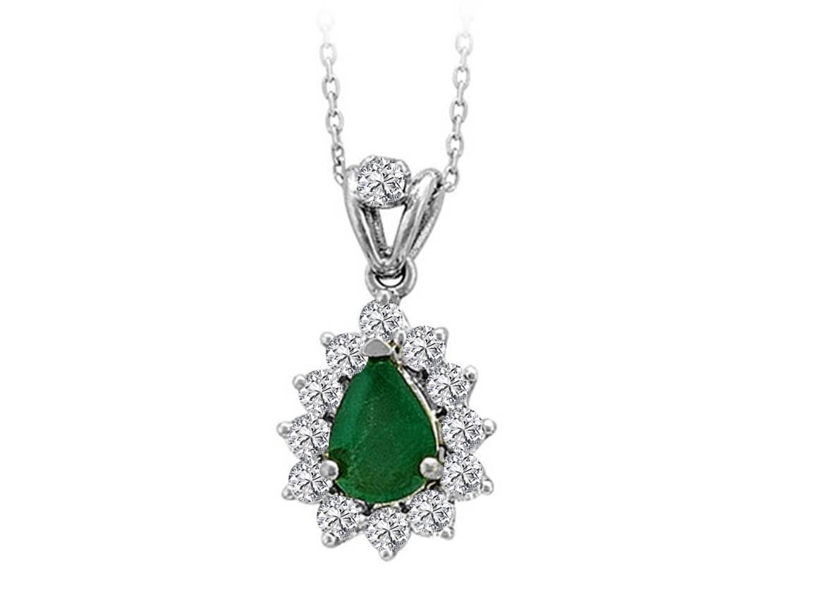 Drop emerald necklace with diamonds in 14 K white gold
